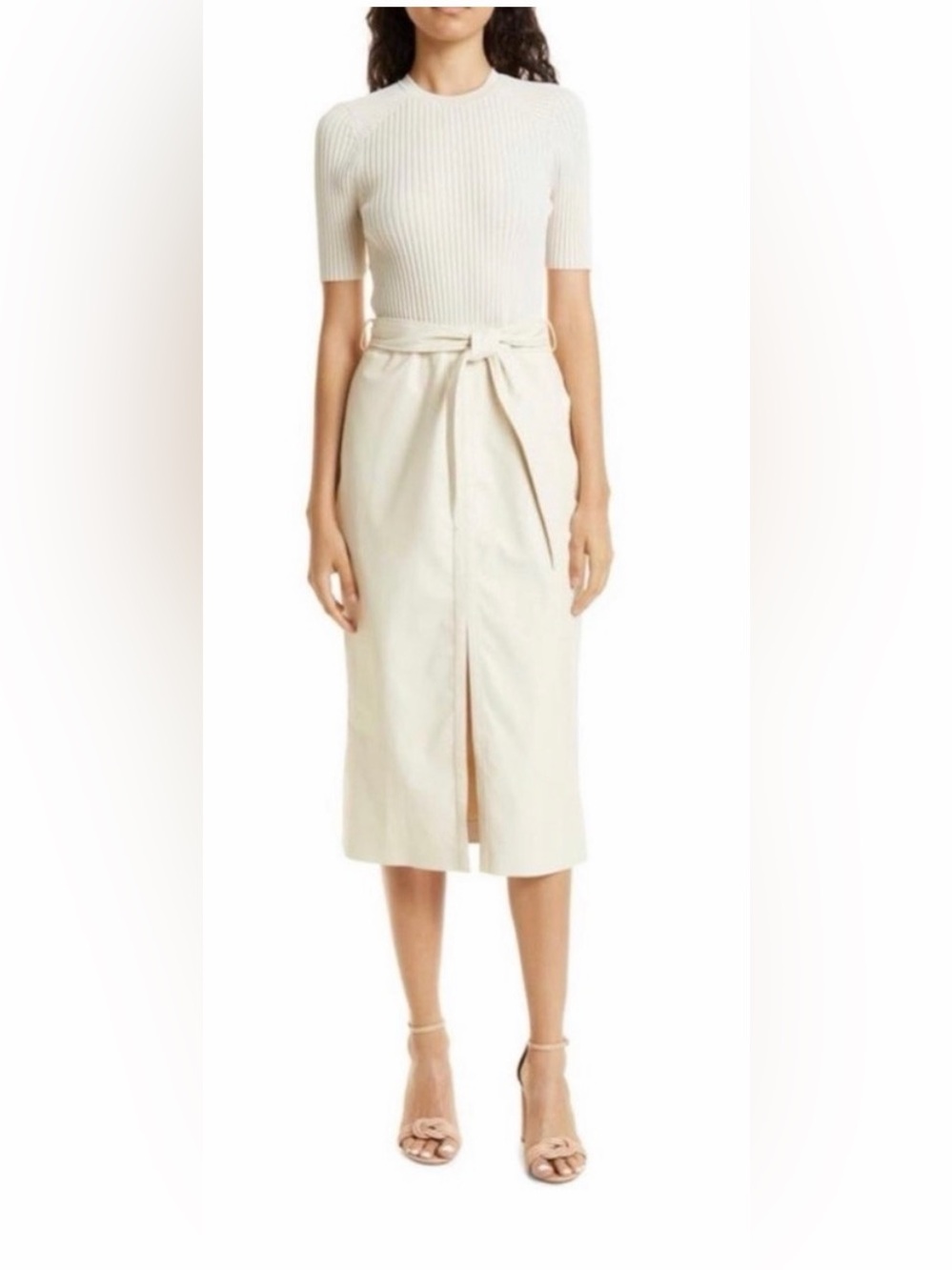 Ted Baker Cream Tie-Front Leather Midi Dress with Front Slit